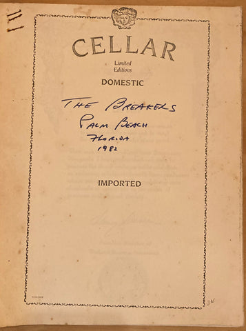 (Wine List) Cellar, Domestic and Imported. The Breakers, Palm Beach, FL. (1982)