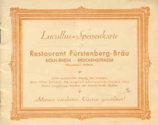 (Menu)  {Cologne, Germany}  Restaurant Fürstenberg-Bräu.  [ca. 1920's].