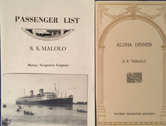 (S. S. Malolo) Souvenir Passenger List, Menu & Postcard. [Jan. 20, 1930].
