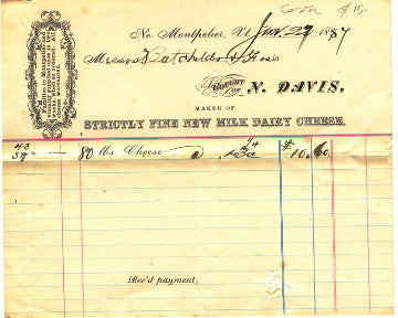 (Ephemera)  {No. Montpelier, VT}  Invoice on Letterhead of N. Davis, Maker of Strictly Fine New Milk Dairy Cheese.   [1857].