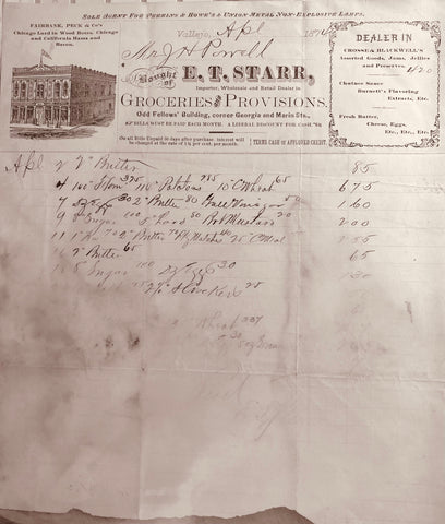 (Vallejo, CA) Bill of Sale. E. T. Starr Groceries & Provisions. April, 1874.