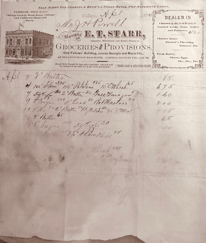 (Vallejo, CA) Bill of Sale. E. T. Starr Groceries & Provisions. April, 1874.