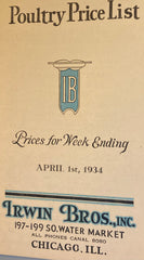 (Ephemera) Poultry Price List. Irwin Bros., Inc. (1934)