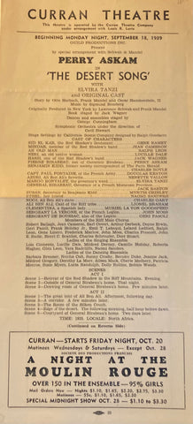 [One Sheet Playbill] Curran Theatre, SF. "The Desert Song." Sept. 18, 1939.