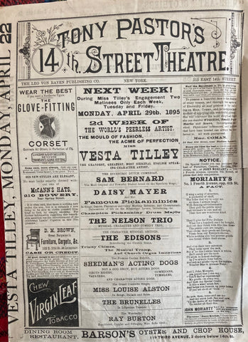 (Vaudeville) Tony Pastor's 14th Street Theatre. "Variety Program." April 29th, 1895.