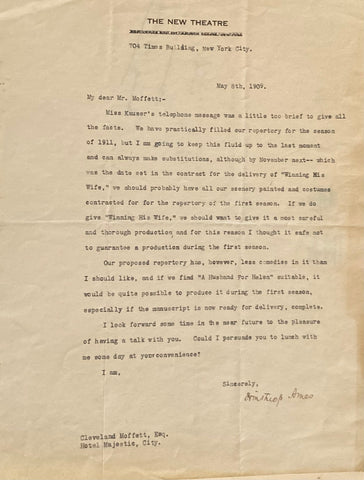 T.l.s. from Winthrop Ames to Cleveland Moffett: 5/8/1909. NYC Theatre History.