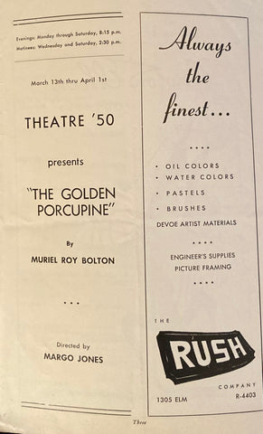 (Dallas, TX) Theatre '50, State Fair Park. "The Golden Porcupine." March 13, 1950.
