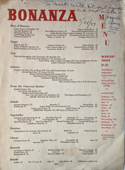 Menu) The Bonanza. LA: 1947. Inscribed by Joaquin Garay (voice of Panchito Pistoles the rooster in the Disney 1944 film The Three Caballeros)