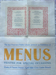 (Poster) SFPL - An Exhibition of Menus. Wesley B. Tanner, Printer. 1980.