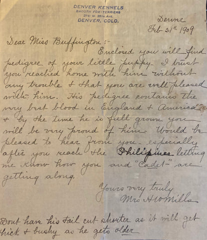 (Ephemera) Handwritten Letter Regarding Pedigree of Smooth Fox-Terrier puppy. Denver Kennels. (1909)