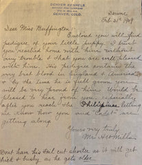(Ephemera) Handwritten Letter Regarding Pedigree of Smooth Fox-Terrier puppy. Denver Kennels. (1909)