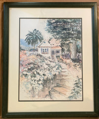 (Sally Bookman) "Daisy Cottage". Original Color Lithograph Print. Signed, 10/300 copies. Santa Cruz, CA. N.d. (ca 1980s).