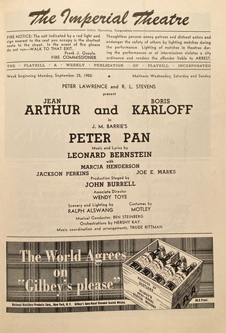 "Peter Pan." Boris Karloff. Imperial Theatre, NY. Sept. 25, 1950.