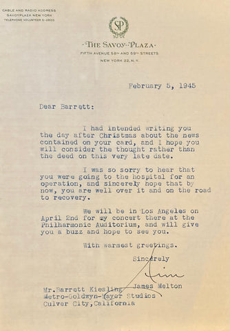 (Ephemera) T.l.s. from James Melton (singer) to Barrett Kiesling (Head of Publicity at MGM Studios). Feb. 5, 1945.