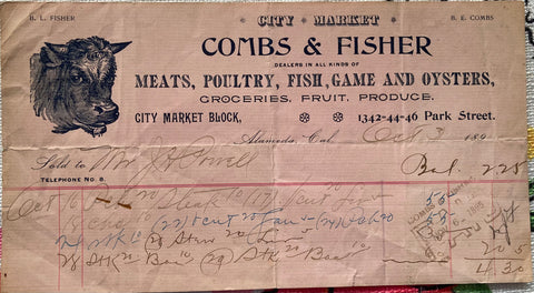 (Letterhead) [Alameda, CA] Combs & Fisher. Meats, Poultry, Fish, Game and Oysters. (1895)
