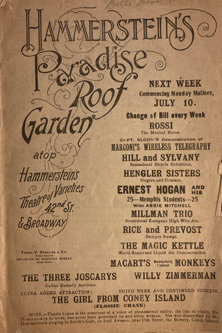 (Vaudeville) Hammerstein's Paradise Roof Garden, NY. "Variety Program." July 3, 1905.