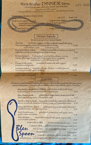 (Aptos, CA) Bleu Spoon. Dinner Menu. (N.d., late 1990s)