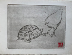 Page Smith Etching & its Original Pencil Drawing:  [Tortoise & Chicken.] 1988.