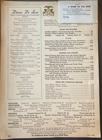 (Dinner Menu) Ambassador Hotel, Cocoanut Grove. June 2, 1949.