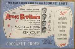 (The Ambassador, Cocoanut Grove) Table Card Announcement - The Ames Brothers. (Oct. 7, 1943)