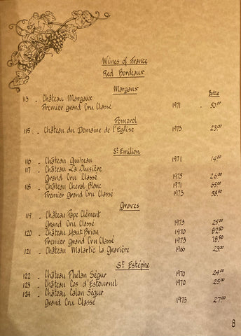 (Wine List) Doros Restaurant. San Francisco. 1979.