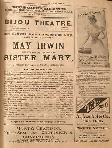 Bijou Theatre, NY. May Irwin in "Sister Mary." "Nov. 13, 1899.