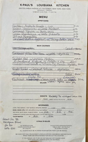 (Menu) K-Paul's Louisiana Kitchen. New York, NY. (N.d., ca 1980s)