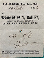 (Ephemera) Receipt for Eggs. London. (1854).