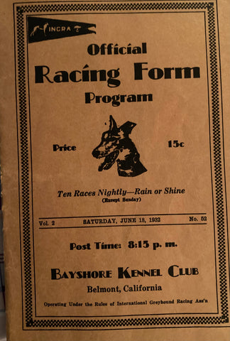 Racing Form Program. Bayshore Kennel Club. 1932.