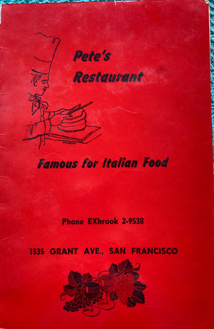 (Menu) Pete's Restaurant. (San Francisco) 1960s.