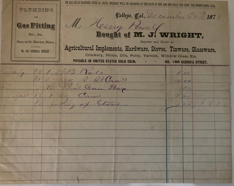 (Vallejo, CA) Receipt. M. J. Wright, Hardware. (1873)