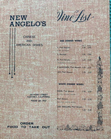 (Menu) [Chinese Food] New Angelo's. Martinez, CA. (1960s)