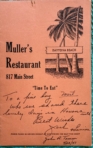 (Menu) Muller's Restaurant. Daytona Beach, FL. (1947)