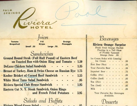 (Palm Springs)  {Menu}  Riviera Hotel, Pool Menu.  [ca. 1960's].