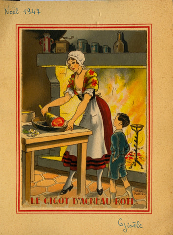 (Menus)  [Pochoir]  Les Coquilles St. Jacques & Le Gigot d'Agneau Roti.  Illustrated by Jean Chaperon.  [1947].