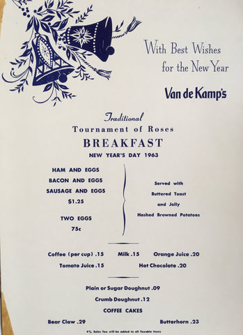 (Menu) Van de Kamp’s. Pasadena, CA: January 1, 1963.