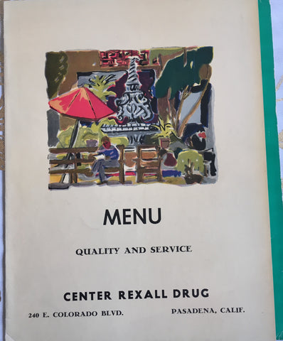 (Menu) Center Rexall Drug. Pasadena, CA. (ca. 1950's).