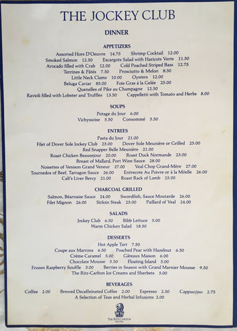 (Menu) The Jockey Club. Washington D.C. [ca. 1970's].