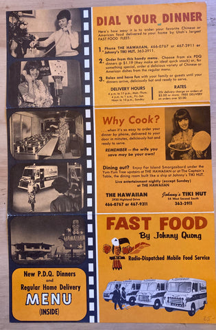 (Salt Lake City) The Hawaiian - Or, Johnny's Tiki Hut. Home Delivery Menu. Johnny Quong. [1960s]