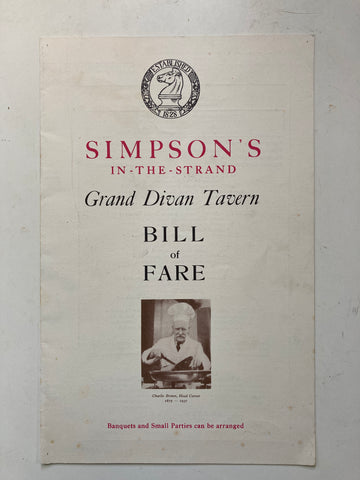 (Menu) Simpson's in the Strand. Grand Divan Tavern. Bill of Fare. [1961].
