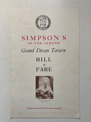 (Menu) Simpson's in the Strand. Grand Divan Tavern. Bill of Fare. [1961].