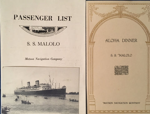 (S. S. Malolo) Souvenir Passenger List, Menu & Postcard. [Jan. 20, 1930].