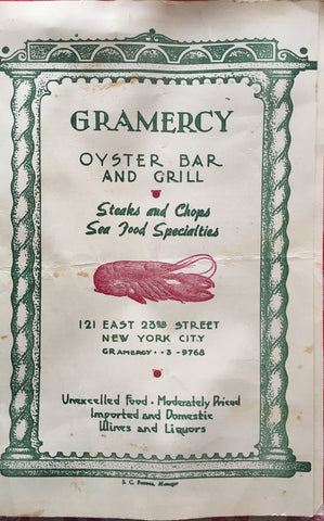 (Menu) Gramercy Oyster Bar and Grill, New York City. [ca. 1940].