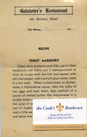 (New Orleans)  {Ephemera}  One printed page recipe for Galatoire's Restaurant Recipe for "Trout Marguery".  [ca. 1930's].