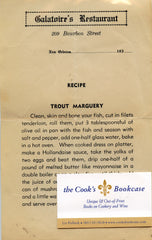 (New Orleans)  {Ephemera}  One printed page recipe for Galatoire's Restaurant Recipe for "Trout Marguery".  [ca. 1930's].