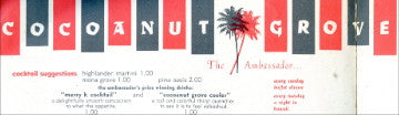 (Menu)  Cocoanut Grove, Ambassador Hotel, Los Angeles.  [ca. 1960's].