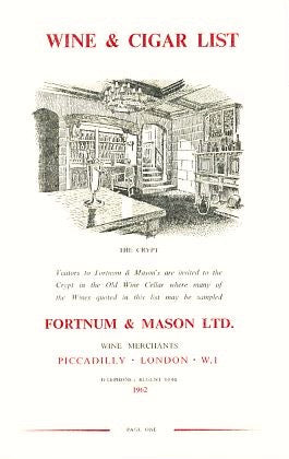 Wine & Cigar List. Fortnum & Mason, Ltd. [1962].