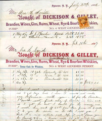 (Syracuse, NY) 2 Letterheads. Dickison & Gillet Dealers in {Liquor}.  [1866, 1867].