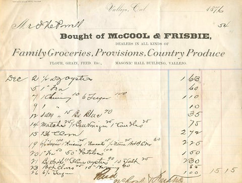 (Vallejo, CA) McCool & Frisbie Family Groceries. [1876].
