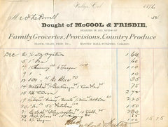 (Vallejo, CA) {Invoice} McCool & Frisbie, Family Groceries, Provisions, Country Produce.  Masonic Hall Building, Dec. 2-26, 1876. 